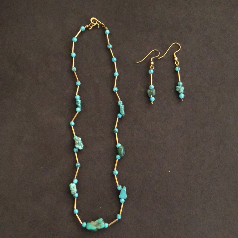 Turquoise & gold tube Stone necklace Choker and plus matching earrings Lot 2 New